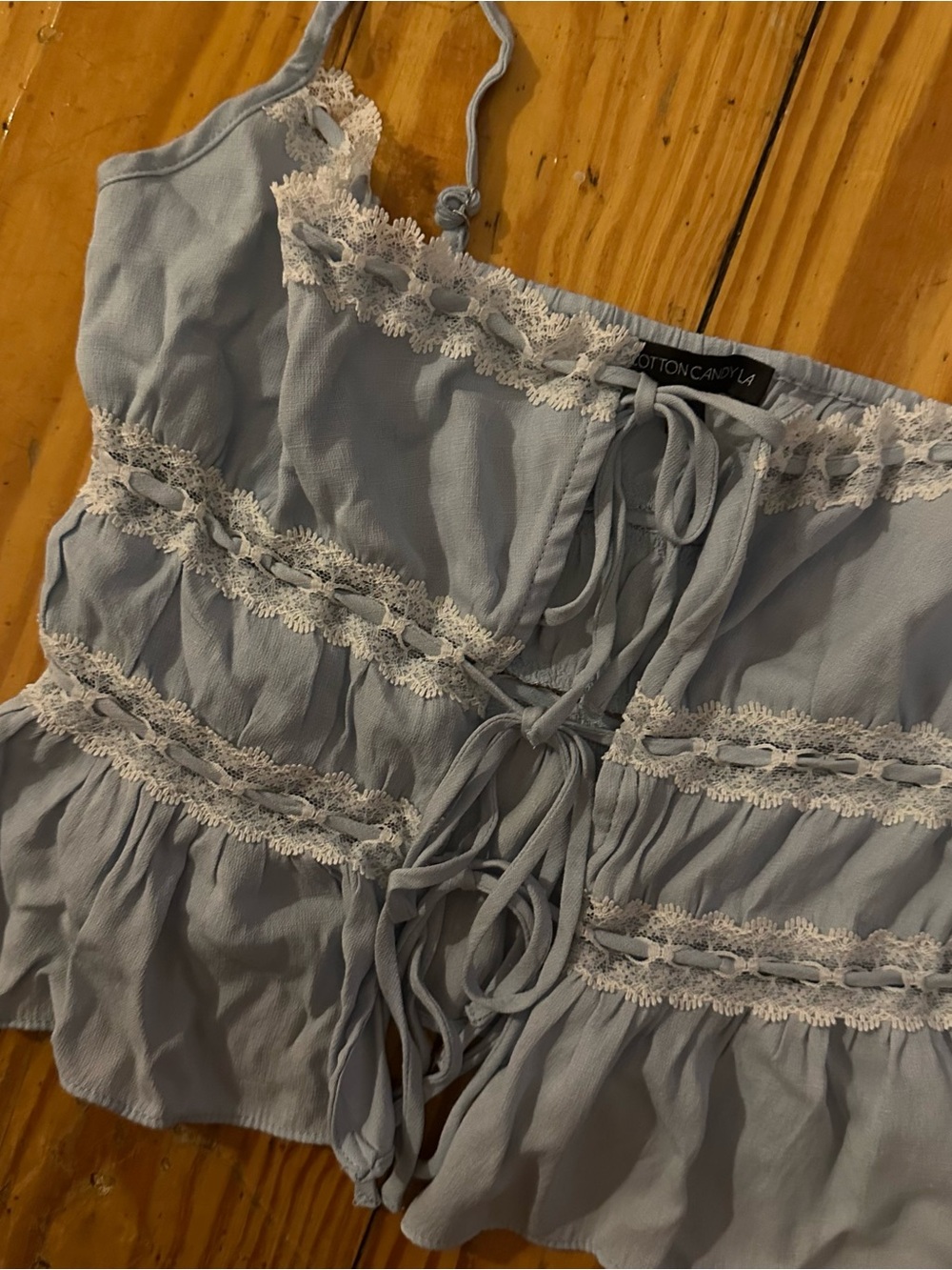 Cotton Candy LA Light Blue Lace-Trim Tie Front Tank